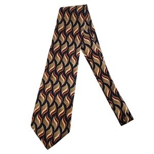 George Machado Silk Interlocking Wave Print Tie Navy Blue Tan Length 56"